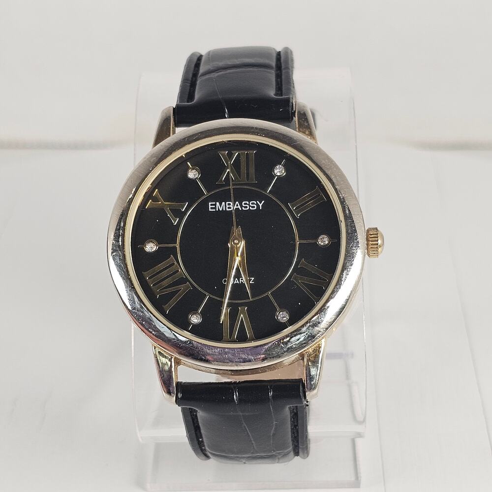 Embassy Quartz Watch Black Roman Dial Gold Tone Case 36.6mm Leather Band